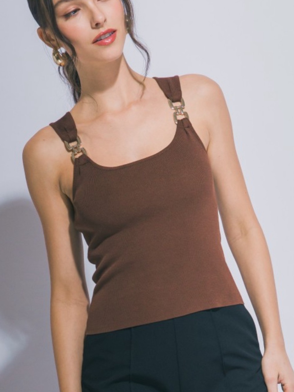 Love Tree Chocolate Brown Chain-Detail Ribbed Tank - Picture 3 of 3